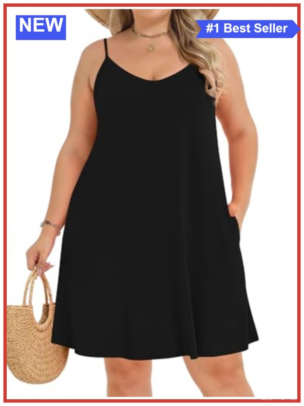 Plus Size Spaghetti Strap V Neck A Line Sundress with Pockets Beach Cover Up